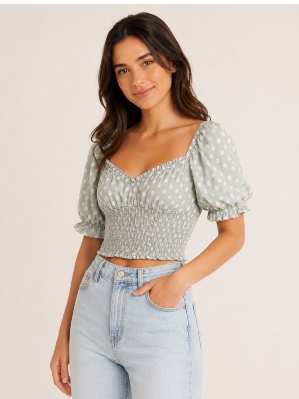 Abercrombie & Fitch Sage Green Polka Dot Smocked Crop Top
